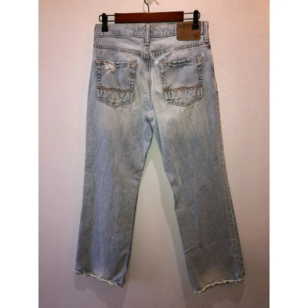 American Eagle Mens Size 28 x 28 Light Wash Blue Distressed Bootcut Denim Jeans